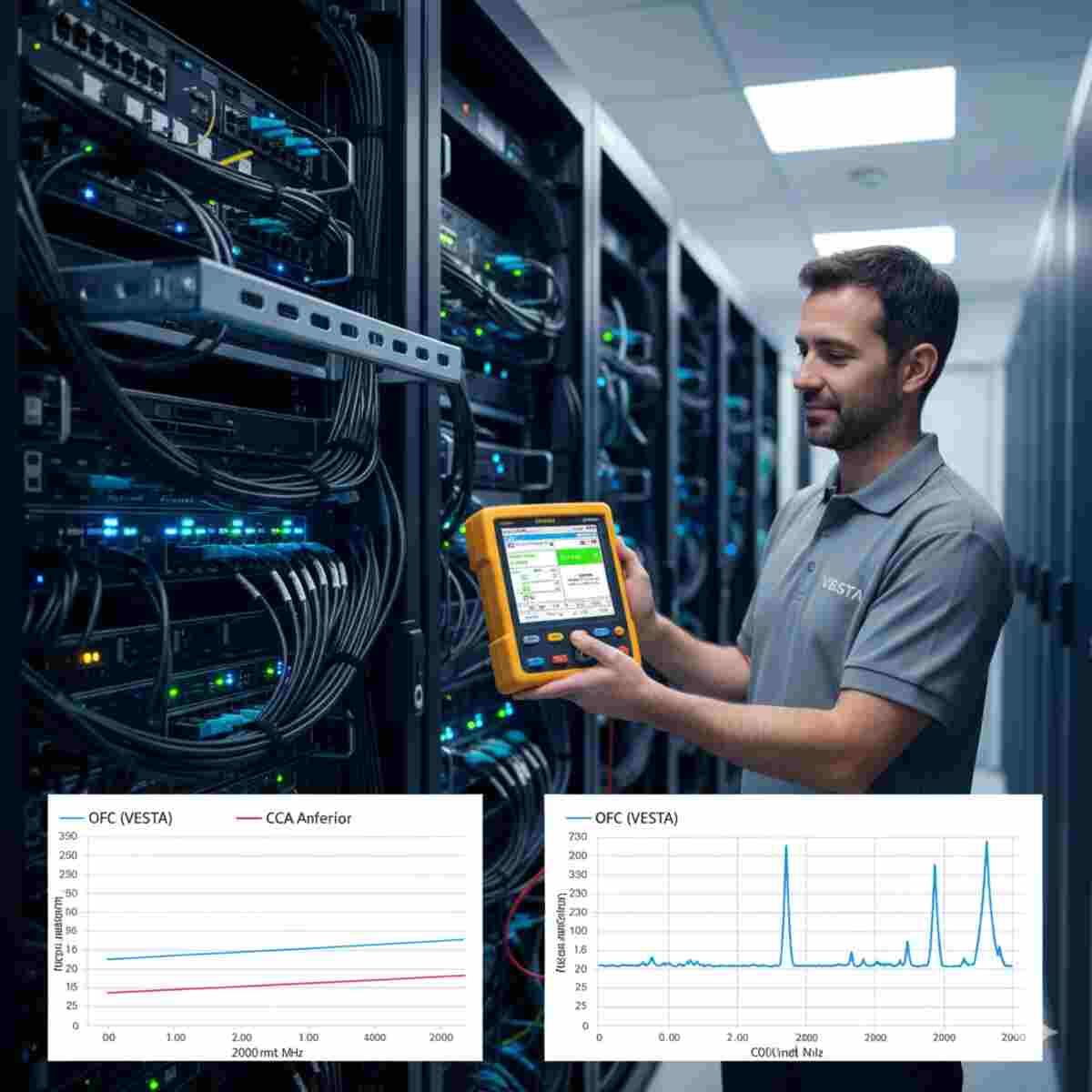 مهندس شبکه در حال استفاده از تستر فلوک (Fluke Tester) برای اندازهگیری عملکرد کابلهای شیلددار در یک دیتاسنتر پر از رکهای سرور و کابلکشیهای منظم. در پیشزمینه، دو نمودار (گراف) فنی دیده میشود که یکی مقایسه کابلهای OFC و CCA از نظر اتلاف (f/power) و دیگری نمودار NEXT یا Alien Crosstalk برای کابل OFC را نمایش میدهد. این تصویر بر اهمیت تست دقیق و کیفیت کابلها در کنترل نویز شبکه تأکید دارد.