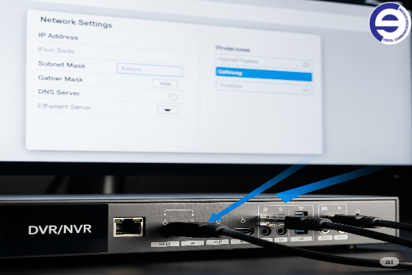 نمای نزدیک از یک دستگاه DVR/NVR متصل به مانیتور، با منوی تنظیمات شبکه باز روی صفحه، نشان‌دهنده فرآیند پیکربندی اولیه.