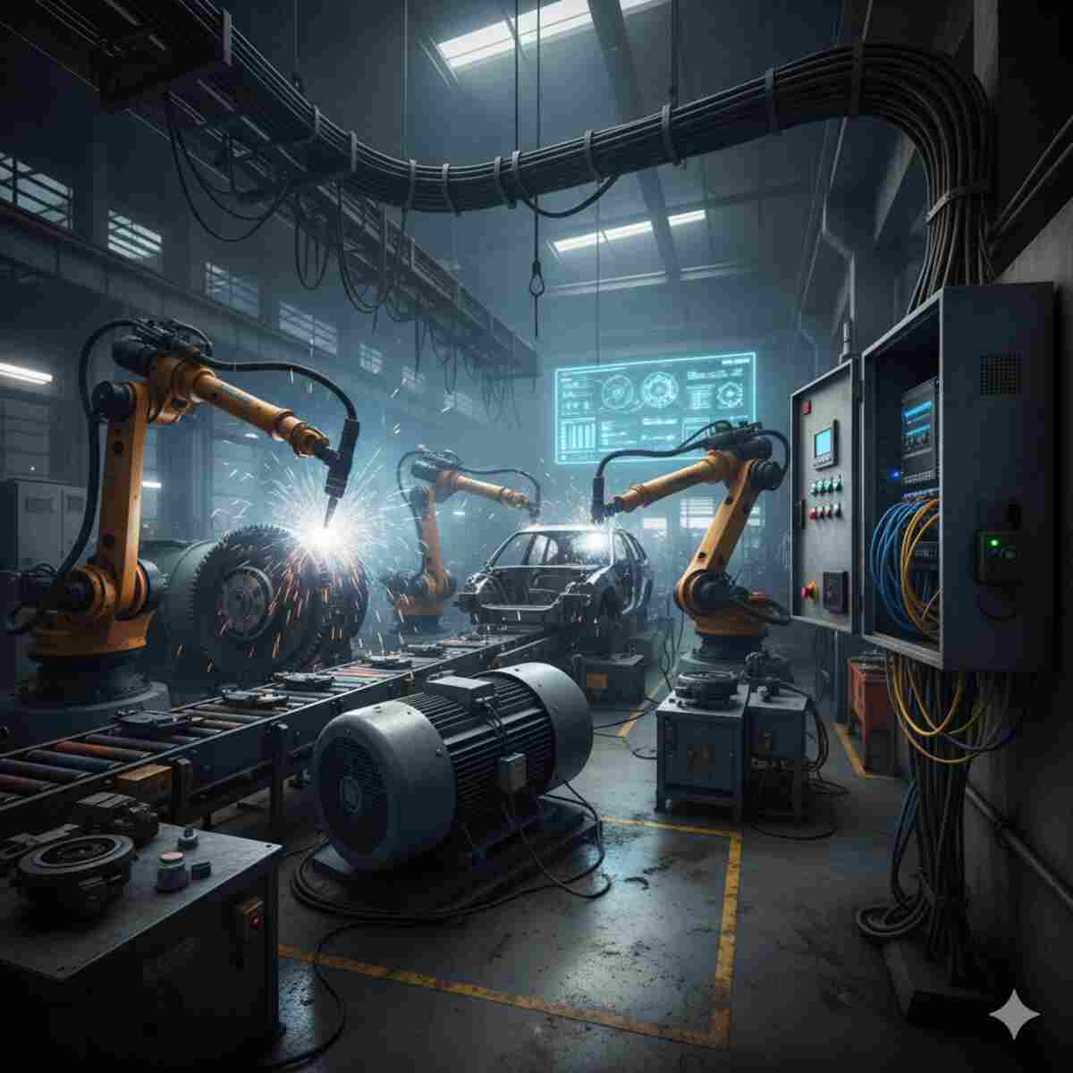 تصویری از داخل یک کارخانه صنعتی مدرن با ربات‌های جوشکار فعال روی خط تولید خودرو، موتورهای صنعتی، و تابلوهای برق حاوی سوئیچ‌های شبکه صنعتی، کابل‌کشی‌ها و نمایشگرهای داده‌های عملیاتی که محیط خشن و حیاتی کاربرد سوئیچ‌های صنعتی را نشان می‌دهد.