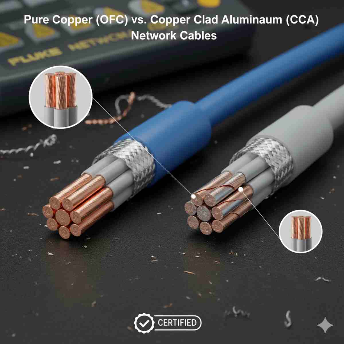 تصویری که تفاوت بین کابل شبکه مسی خالص (OFC) و کابل با روکش آلومینیوم (CCA) را با برش‌های عرضی واضح نشان می‌دهد. کابل آبی سمت چپ دارای هادی‌های مسی خالص است، در حالی که کابل خاکستری سمت راست هسته آلومینیومی با روکش نازک مسی را نشان می‌دهد. در پس‌زمینه، یک دستگاه تست فلوک دیده می‌شود.