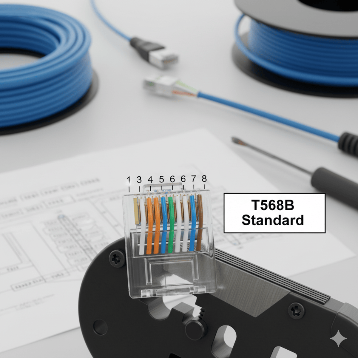 استاندارد سیم‌کشی T568B در کانکتور RJ45