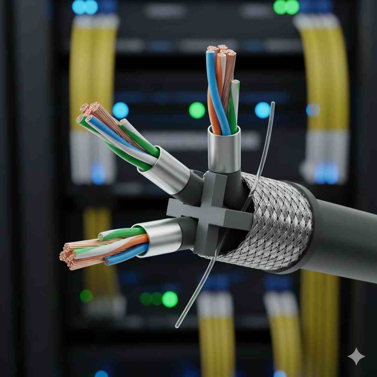 برش عرضی از یک کابل شبکه SFTP (زوج سیمهای شیلد شده و شیلد کلی بافته شده) که ساختار داخلی، زوج سیمهای رنگی پیچ خورده، فویل محافظ و شیلد بافته شده را نشان میدهد، با پسزمینهای تار از رکهای سرور روشن در یک دیتاسنتر. این تصویر بر پیچیدگی و کیفیت کابلهای شبکه مسی تأکید دارد.