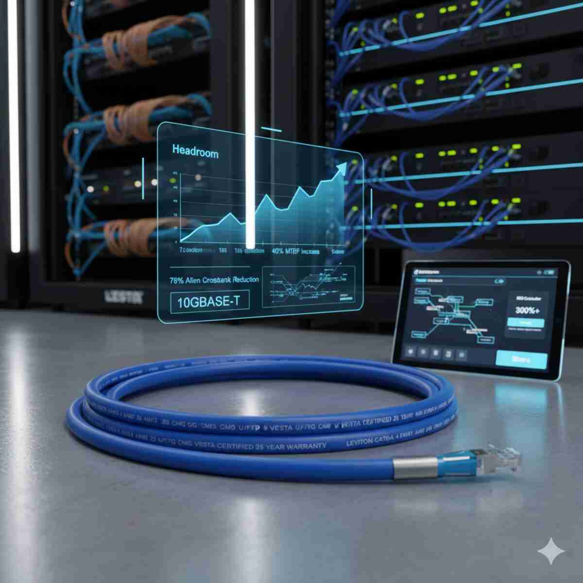 تصویر یک کابل شبکه آبی رنگ Leviton Cat6A را در پیش زمینه نشان میدهد که به یک کانکتور RJ45 متصل است. در پس زمینه، قفسههای سرور با کابلکشی سازمانیافته به وضوح دیده میشوند. یک رابط کاربری هولوگرافیک (HUD) با نمودارهای تحلیلی در مرکز قرار دارد که "Headroom" عملکرد کابل، "78% Alien Crosstalk Reduction" و "40% MTBF Increase" را نمایش میدهد. همچنین عبارت "10GBASE-T" به عنوان نشاندهنده سرعت شبکه قابل مشاهده است. در سمت راست، یک تبلت با نمودار "ROI Calculator" و "300%+" نشان میدهد، که همگی بر اهمیت و برتری کابلهای Leviton در زیرساختهای شبکه حیاتی تأکید دارند.