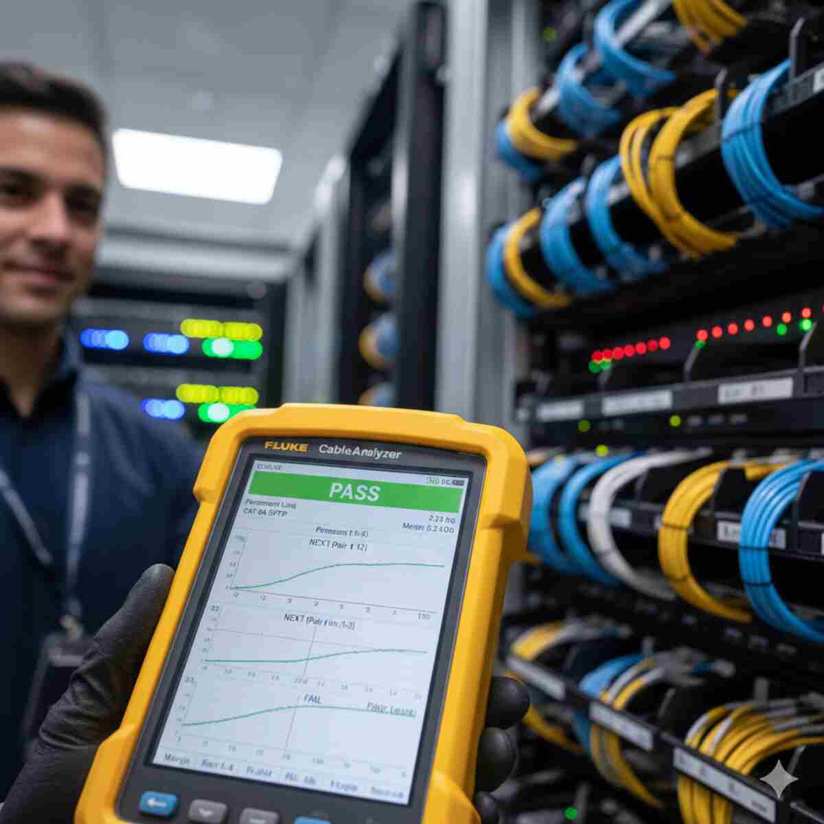 نمایی نزدیک از صفحه نمایش یک تستر فلوک (Fluke Tester) که نتایج تست کابل شبکه را با جزئیات فنی، از جمله پارامترهای مربوط به نویز مانند NEXT (Near-End Crosstalk) و Return Loss، به صورت 'Pass' یا 'Fail' نشان میدهد. این تصویر بر نقش حیاتی تست فلوک در تأیید کنترل نویز و عملکرد صحیح کابلکشی تاکید دارد.