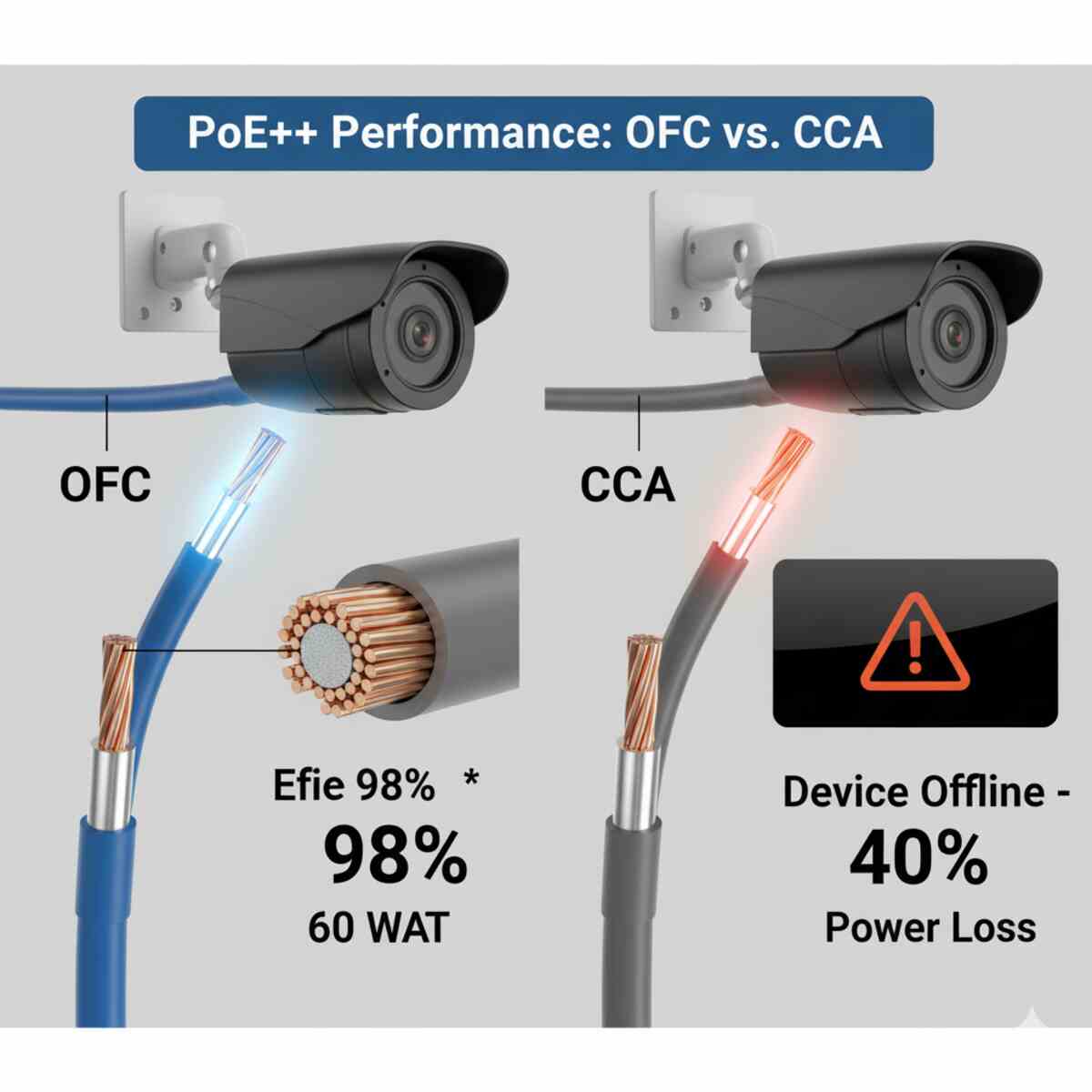 تصویری مقایسه‌ای از عملکرد PoE++ (Power over Ethernet) بین کابل‌های مسی خالص (OFC) و آلومینیوم با روکش مس (CCA). سمت چپ یک کابل آبی OFC را نشان می‌دهد که با کارایی ۹۸ درصدی (۶۰ وات) به یک دوربین امنیتی مشکی انرژی می‌رساند. سمت راست یک کابل خاکستری CCA را نشان می‌دهد که به دلیل ۴۰ درصد افت توان، دستگاه را آفلاین کرده است، با نور قرمز رنگی که از کابل CCA ساطع می‌شود. تصاویر برش‌خورده از داخل کابل‌ها نیز نمایش داده شده‌اند.